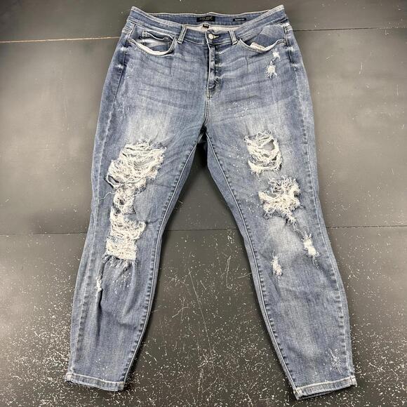 Judy Blue Denim - Judy Blue Jeans 36x28 Blue Distressed Skinny Fit Cropped Hi Rise Mom (18W)